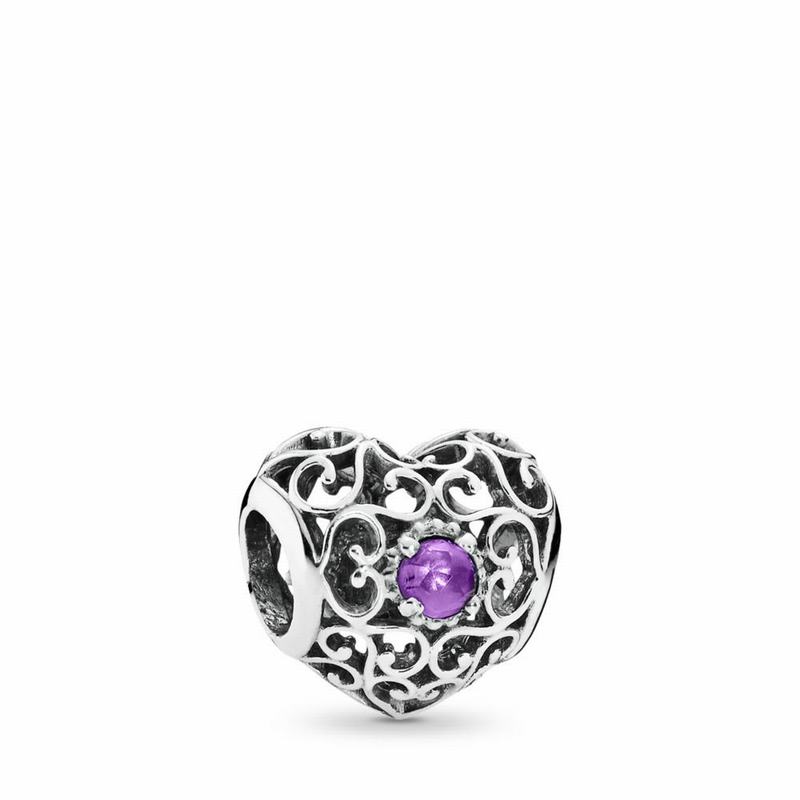 Pandora February Signature Heart Charm Ireland - Sterling Silver/Purple/Synthetic Amethyst - 403786J